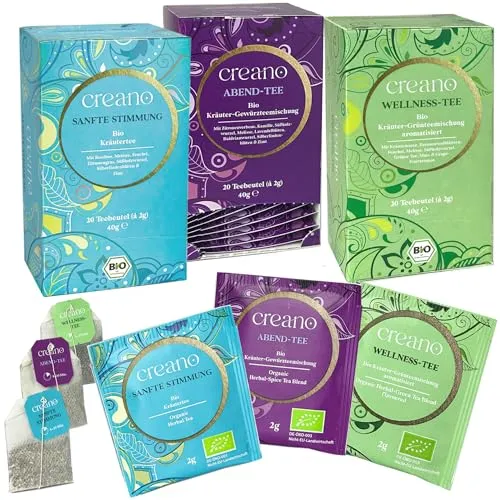 Creano Bio-Kräutertee-Set „Calm down“, harmonisch und ausgewogen mit den Sorten Wellness-Tee, Sanfte Stimmung und Abend-Tee, 100% bio, 3 x 20 Teebeutel