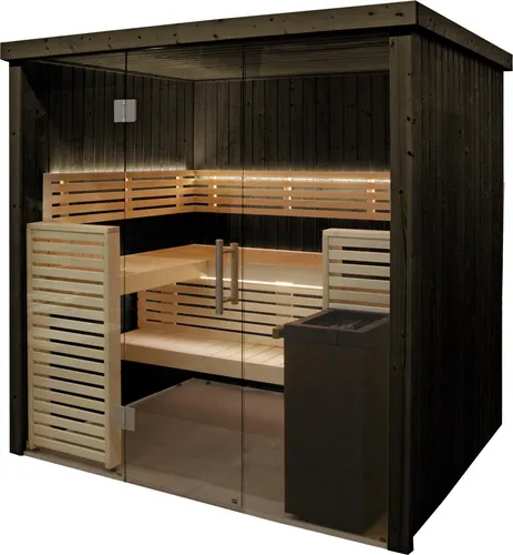 Harvia Fenix 1620S Sauna - Saunakabine aus Fichte in elegantem Schwarz, ideal für entspannende Wellnessmomente im eigenen Zuhause.