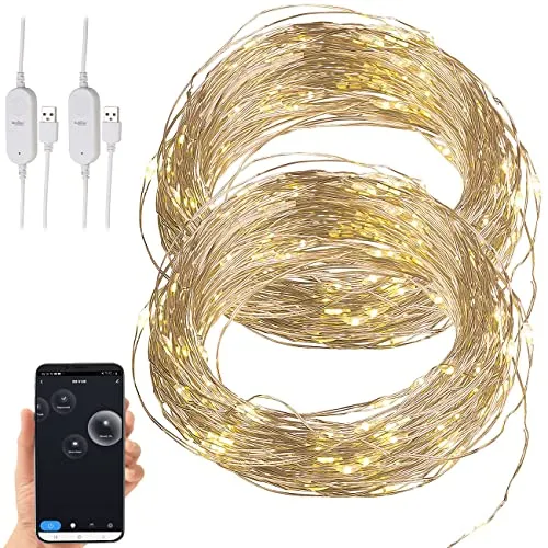 Luminea Home Control Lichterdraht: 2er Set WLAN-Kupferdraht-Lichterkette mit 100 LEDs, 8 Modi, App, 10 m (Lichterkette warmweiß, Draht, Weihnachtsbaumbeleuchtung)
