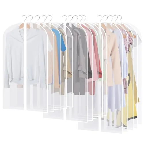 AQXONG 15 Stück Kleiderhülle, Faltbare Halbtransparente Kleidung Schutzhülle mit Reißverschluss, 60 x 140/120/100cm, Staubdicht/Wasserdicht/Mottensicher/Feuchtigkeitsbeständig, Kleidungsschutzhülle