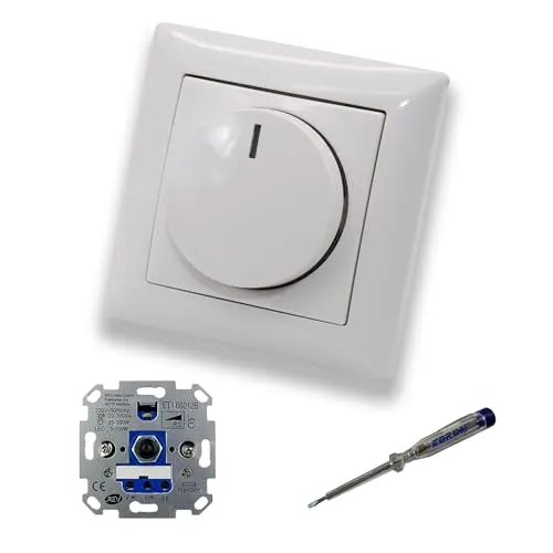 REV Ritter LED Drehdimmer LED-Dimmer mit Busch Jäger Dimmerscheibe Zentralplatte 2115-914 Einfachrahmen in Balance Si alpinweiß glänzend inklusive EBROM Phasenprüfer z. Montage des Dimmers ET1 66012B
