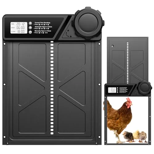 MASTERFUN Große Automatische Hühnerklappe Batterie, Aluminum Hühnerklappe Automatisch mit Wasserdicht Großes Display, Timer, Manuelle, Intelligenter Einklemmschutz Elektrische Hühnertür
