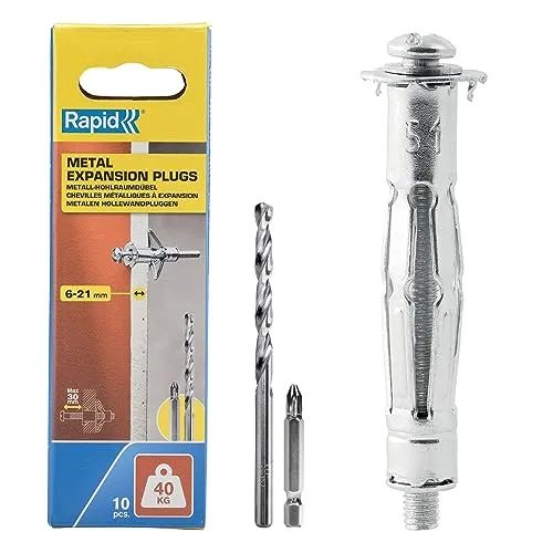 Rapid Hohlraumdübel Metall mit M5 Schraube für Gipskartonplatten 6-21 mm - Tragkraft 40 kg - Inklusive 11 mm Bohrer und PH2-Bit - Set mit 10 Dübeln für einlagige Wände