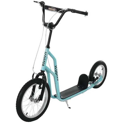HOMCOM Kinderroller Scooter 16/12 Zoll - Blau - Roller/Kickboards für Kinder ab 5 Jahren mit Luftreifen für ein sanftes Fahrerlebnis. Verstellbarer Lenker und rutschfestes Deck verbessern die Balance und den Komfort.