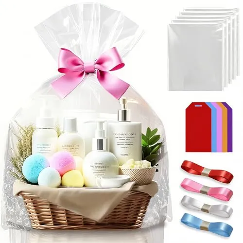 Geschenkfolie Transparent Cellophantüten Groß Set mit Anhänger Geschenkband Präsentkorb Folie Geschenktüten Durchsichtiges Geschenkpapier Transparente Zellophantüten Klarsichttüten,5 Stück 100x75CM