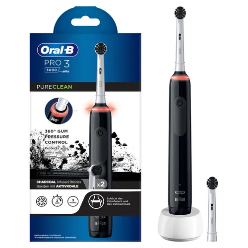 Oral-B Pro 3 - Pure Clean Elektrische Zahnbürste in Black - Elektrische Zahnbürste mit 3D-Technologie für bis zu 100% mehr Plaque-Entfernung und gesünderes Zahnfleisch. Inklusive 2-Minuten-Timer und 360°-Andruckkontrolle für optimale Mundpflege.