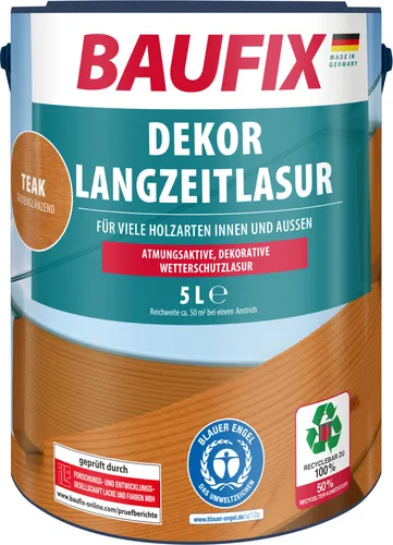 BAUFIX Dekor Langzeitlasur teak - 5 Liter Holzschutzlasur - Lacke für außen und innen, witterungs- und UV-beständig, ideal für Gartenprojekte wie Holz-Carports und Dachverschalungen.