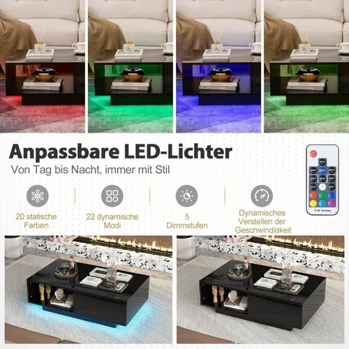 Couchtisch mit LED-Beleuchtung und Stauraum, Schwarz, 95 x 55 x 31 cm