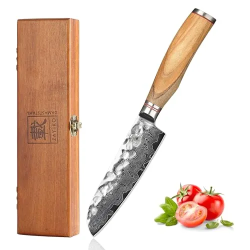 Kleines Santoku I 12 cm Damaststahl-Messer mit Olivenholzgriff - Küchenmesser aus 67 Lagen Damaststahl, extrem scharf und langlebig, ideal für präzises Schneiden in der modernen Küche, inklusive edler Holzbox zur stilvollen Aufbewahrung.
