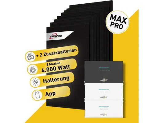 Balkonkraftwerk 4000W Komplettset mit Speicher SunEnergyXT 500 Pro - Effizientes Balkonkraftwerk mit 4000 W und bifazialen Solarmodulen. Inklusive leistungsstarkem SunEnergyXT 500 Pro Speicher für hohe Energieautarkie und flexible Nutzung – ideal für nachhaltige Energiegewinnung.