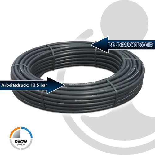 PE-HD Rohr für Trinkwasser - 25 x 2,3 mm, 25 m - Hochwertiges PE-Druckrohr für Trinkwasserleitungen, DVGW-zugelassen, korrosionsbeständig und leicht zu verlegen, ideal für Gartenbau und Landwirtschaft.