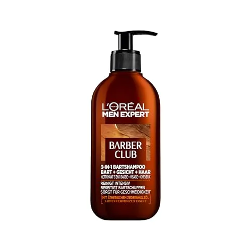 L'Oréal Men Expert 3-in-1 Bartshampoo für Männer, Bartseife für Bart, Gesicht und Haar, Herren Bartpflege gegen Schuppen mit holzigem Duft und ätherischem Zedernholzöl, Barber Club, 1 x 200 ml