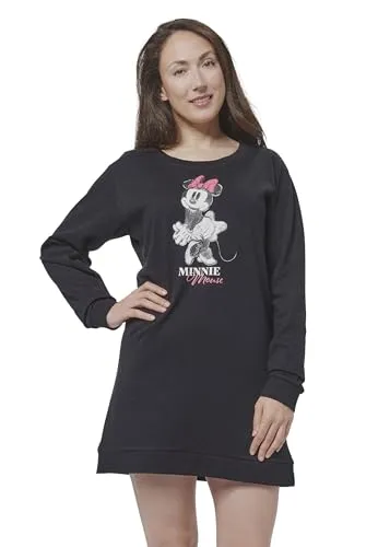 Disney Minnie Mouse Nachthemd für Damen - Schlafshirt Pyjama Langarm Oberteil Schwarz (M)