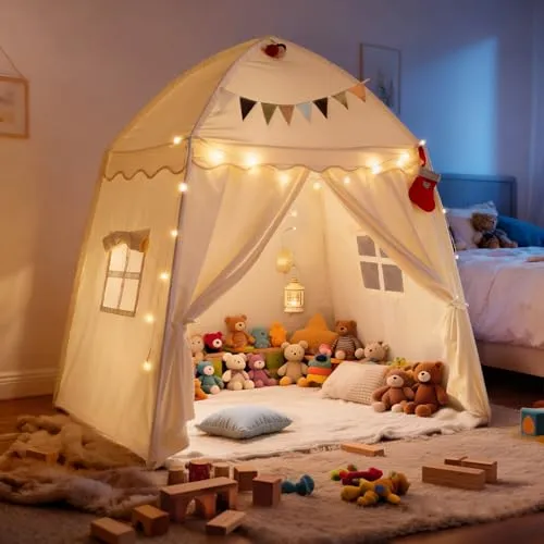Hiromeco Kinderzelt Spielzelt Indoor Kinderzimmer Spielhaus: 150x100x150 cm Großes Spielhaus mit Matte – Lichtkette & 2 Deko-Sets – Schafft Festliche Stimmung zu Weihnachten (Beige)