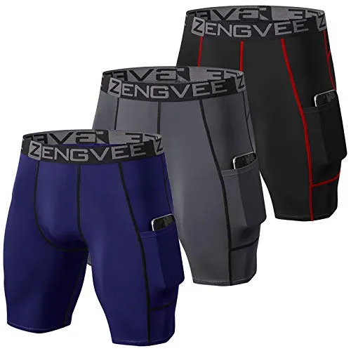 ZENGVEE 3er Pack kompressionshosen Herren Schnelltrocknendes Funktionsunterwäsche mit Seitentaschen Tights Kurz Hose Compression Shorts für Männer（Gray Black Navy-L