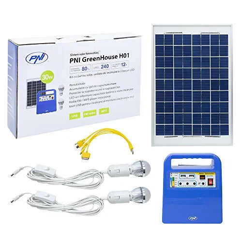 Solarpanel Tragbarer Solarstrom-Stromerzeuger PNI GreenHouse H01 30W mit 12V / 7Ah Batterie, USB/Radio / MP3, 2 LED-Lampen
