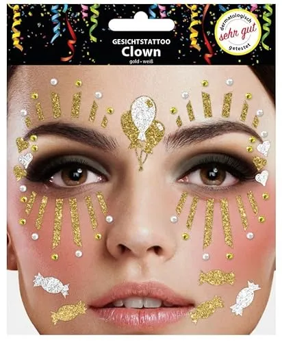 Gesichtstattoo - Glitzer Aufkleber Klebetattoos Temporäres Glitter Face Tattoo Motto Party Karneval Halloween (Clown Gold Weiß)