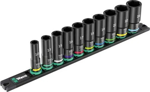 WERA 05005590001 Steckschlüsseleinsatz-Satz 10-teilig - Steckschlüsselsatz mit 10 robusten Impaktor-Steckschlüsseleinsätzen für hohe Beanspruchung, ideal für Schlagschrauber. Inklusive Nuss-Magnetleiste für einfache Aufbewahrung und Zugriff.