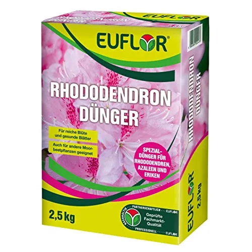 Euflor Rhododendrondünger 2,5kg Faltschachtel•Organisch-mineralischer NPK-Dünger 8+4+5 mit 2% MgO• Spezialdünger für Rhododendren, Azaleen, Eriken, Heidelbeeren•Mit Langzeitwirkung bis zu 3 Monaten
