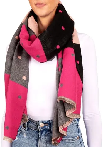 BRUBAKER Cashmirillo Damen Schal mit Herz Muster - 70 x 200 cm - Warm, Kuschelig und Oversized - Winterschal für Herbst und Winter - Weiches Kaschmir-Gefühl - Pink, Schwarz und Rosa