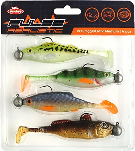 Berkley Pulse Realistic Mix, Auswahl von 4 vormontierten Gummiködern, ideal zum Fangen von Hecht, Barsch und Zander, ausgewählt von Berkley Pro-Anglern – tolles Geschenk für Kunstköderangler