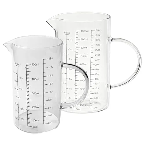Messbecher Set 2 aus Glas, 1L + 500ml Messbecher Glas, Hitzebeständiges Borosilikatglas, Measuring Cups mit Griff und V-förmigem Ausguss für Küche oder Restaurant
