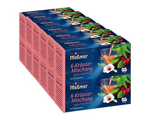 Meßmer 6 Kräuter Mischung Kräutertee 50g 12er Pack - Aromatischer Kräutertee mit einer harmonischen Mischung aus Hibiskus, Pfefferminze und weiteren ausgewählten Kräutern. Ideal für genussvolle Teestunden – stets hochwertige Qualität von Meßmer.