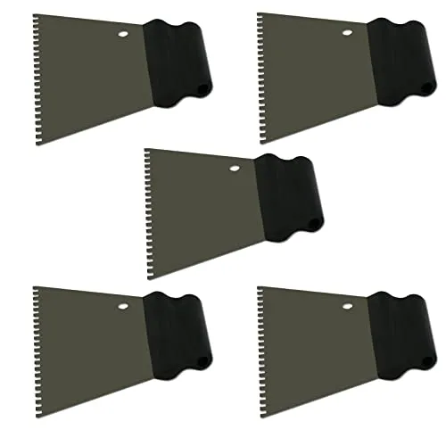 DEWEPRO Kleberspachtel 5er Set 180 mm – Trapezspachtel mit 4 x 4 mm Zahnung – Edelstahlklinge – ergonomischer Kunststoffgriff – für Fliesenkleber, Spachtelmassen, Innenausbau Wand und Boden