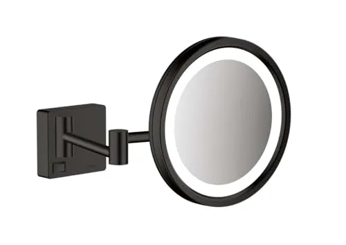 hansgrohe AddStoris Rasierspiegel 41790670 mit LED Leuchte - Kosmetikspiegel mit 3-fach Vergrößerung, neigbar und schwenkbar, ideal für präzise Rasur und Pflege. Mattschwarzes Design mit LED-Beleuchtung sorgt für optimale Sicht.