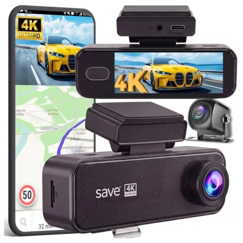 SAVE Dashcam 4K UHD mit GPS & WLAN – Front- und Rückkamera