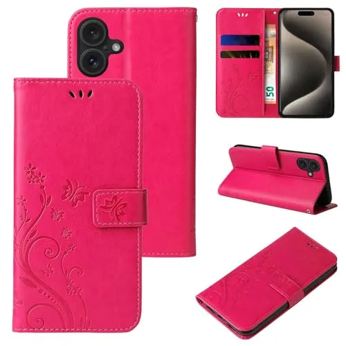LBH Handy Hülle für Apple iPhone 16 Case Handytasche Schmetterling Blumen Flower Standfunktion Schutzhülle Magnet Rundum Schutz 360 Grad Flipcase Cover Pink