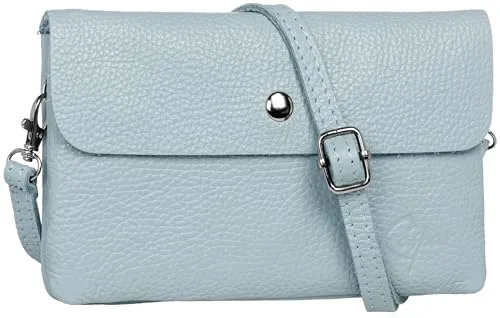 Caspar Mini Leder Umhängetasche Damen Clutch Crossbody Bag mit verstellbarem Schultergurt - CLASSIC LINE - Modell No.827 - Made in Italy, Farbe:hellblau
