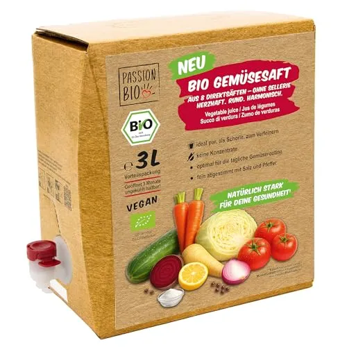 Bio Gemüsesaft 3L – Direktsaft aus 8 Gemüsesäften – Ohne Sellerie – Vegan – Mit Tomate, Karotte & Roter Bete – Bag-in-Box