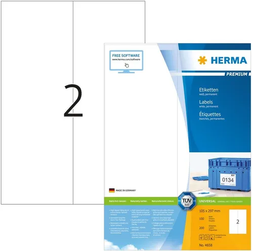 HERMA 4658 Versandetiketten, 1400 Blatt, 105 x 297 mm, selbstklebend - Selbstklebende Versandetiketten in DIN A4, ideal für den Druck mit Laserdruckern oder Tintenstrahldruckern. Hohe Weißegrad für klare Druckergebnisse und umweltfreundlich durch lösemittelfreien Kleber.
