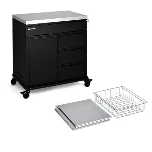 BURNHARD® Grill Beistellwagen Black Edition mit Edelstahl-Arbeitsfläche inkl. Regalböden, Grilltisch, 4 Soft-Close Schubladen, Vollgummi-Rollen – kompatibel mit Earl & FRED Gasgrills