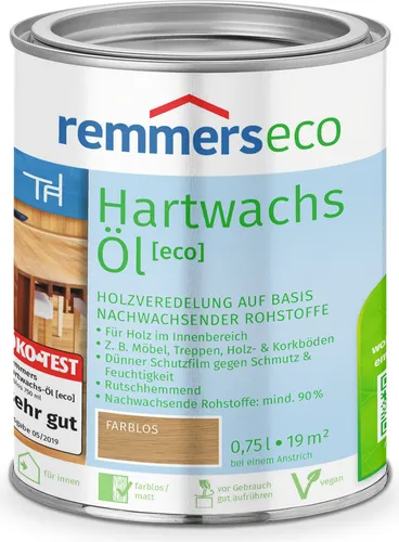 Remmers Hartwachs-Öl [eco] farblos, 0,75 Liter - Holzöle – 3in1 Lösung: Beize, Öl und Versiegelung in einem, rutschhemmend, nachhaltig und vegan, ideal für pflegeleichte Holzoberflächen im Innenbereich.