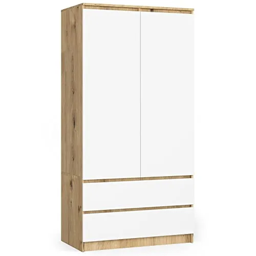 AKORD Zweitüriger Kleiderschrank 90 cm - Minimalistischer Stil in Artisan Eiche und Weiß - Kleiderschrank mit 2 Schubladen und Regalen, ideal für die optimale Raumnutzung im Schlafzimmer. Robuste Bauweise und einfacher Aufbau sorgen für Langlebigkeit und Komfort.