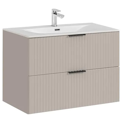 Lomadox Badezimmer Waschtisch 80cm - Kaschmir mit Softclose-Schubladen - Waschplätze: Moderner Waschtisch in Kaschmir mit 2 Softclose-Schubladen und hochwertigem Keramik-Waschbecken für stilvolles Badezimmer-Design.