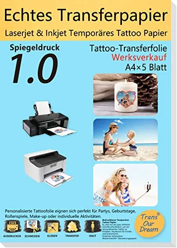 TransOurDream A4X5 Tattoo Papier für Tintenstrahl- & Laserdrucker