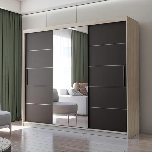 Schwebetürenschrank mit Spiegel 250cm Sonoma/Schwarz Alba - Geräumiger dreitüriger Kleiderschrank mit Spiegelfront, ideal für Schlafzimmer oder Ankleidezimmer. Bietet viel Stauraum und optische Raumvergrößerung durch den Spiegel.
