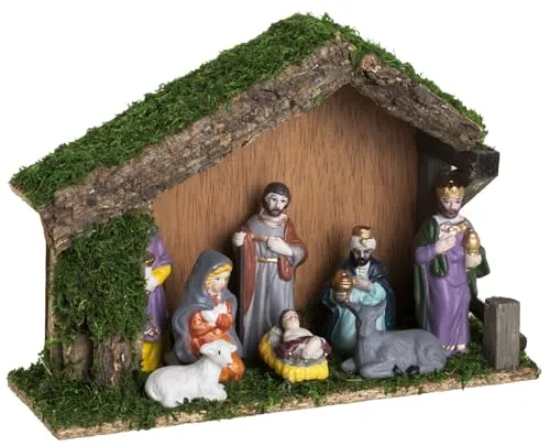 Holz Weihnachts Krippe mit 8 Porzellan Figuren von Dekoleidenschaft