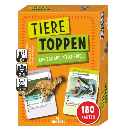 Moses. Tiere Toppen – Trumpf-Stichspiel mit 180 Tierkarten, für Kinder ab 8 Jahren, 2–5 Spieler*innen, mit spannenden Tierfotos und naturwissenschaftlichen Fakten, ca. 30 Minuten Spielzeit