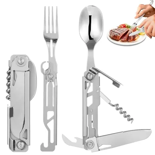 Ixydor Edelstahl Besteck 5 in 1 Klappbesteck Campingbesteck als Essbesteck Set mit Gürteltasche,Outdoor Tragbares Besteck,Outdoor Survival Reisebesteck,Edelstahl Reisebesteck für Picknick