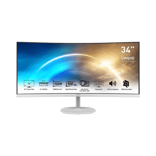 MSI PRO MP341CQWDE - 34 Zoll UWQHD Curved Business Monitor, 100 Hz für flüssige Bilddarstellung und TÜV-zertifiziert für augenschonendes Arbeiten