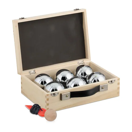 Relaxdays Boule Kugeln Set mit Holzkoffer - Boule-Spiel-Set mit 6 Stahlkugeln, Zielkugel und Abstandsmesser im robusten Holzkoffer - ideal für Outdoor-Aktivitäten mit Familie und Freunden.