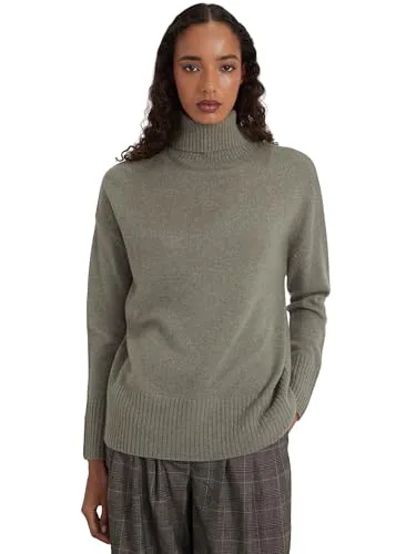 Style & Republic Damen Rollkragenpullover mit Oversize-Passform aus 100% Kaschmir, stilvoller Premium-Cashmere-Strickpullover mit Turtleneck für Herbst und Winter, Olive Melange L