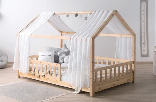 TiCAA Kinderbett Hausbett Kim 90x200 cm – Skandinavisches Design für Kinder - Kinderzimmermöbel: Modernes Hausbett im skandinavischen Stil mit variablen Rausfallschutz und Montessori-Elementen für sicheres Schlafen und Spielen.