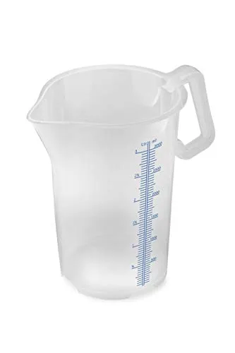 thermohauser Messbecher m. geschlossenem Griff, 3000 ml, Kunststoff PP, blaue Skala in Litern und Millilitern, Klar