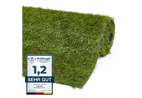 Andiamo Kunstrasen Rasenteppich Jever, Gesamthöhe 22 mm, rechteckig, natürliche Optik, mit Drainagefunktion, für Balkon, Terrasse & Garten