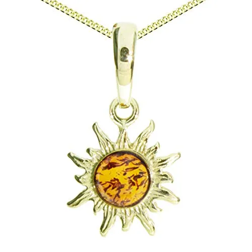 Kette mit Anhänger - Sonne 14 mm - Silber 925/000, vergoldet - Bernstein